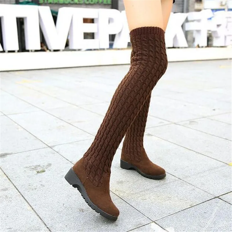 Женские сапоги до бедра коричневые/черные вязаные шерстяные высокие женская