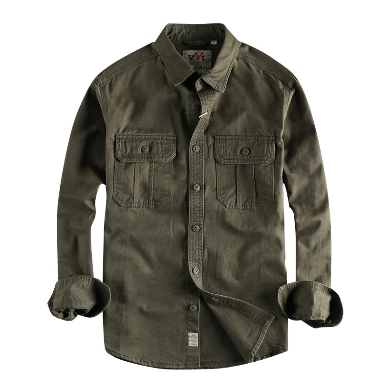 Japanese Harajuku Distressed Button Up Cargo Shirts for Men Vintage Men's Streetwear Retro Cotton Long Sleeve Military Shirt
