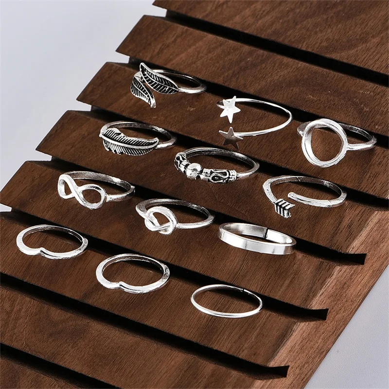 12 шт./компл. Модные кольца с серебряной Цвет лист изображениями перьев и стрел