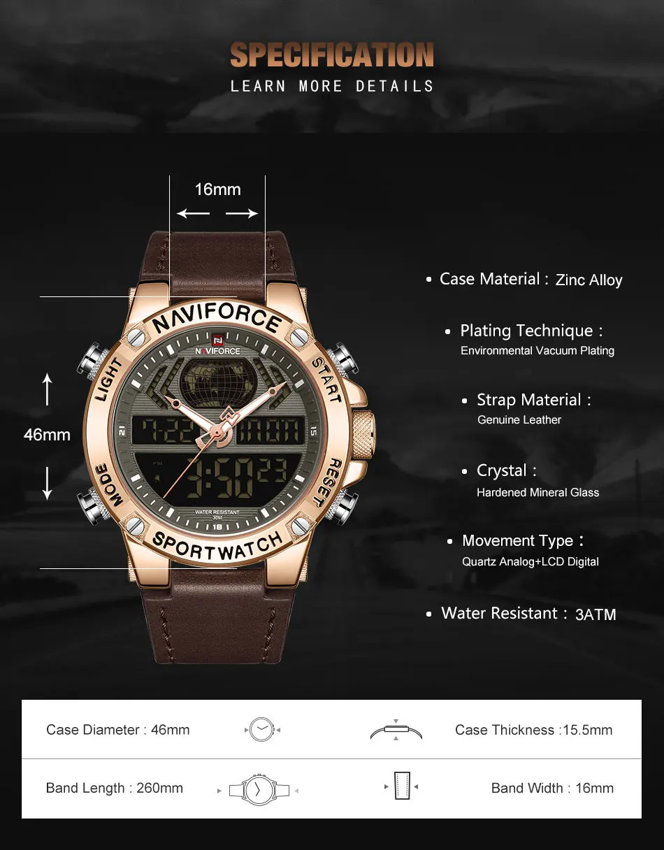 NAVIFORCE мужские часы цифровые спортивные Топ брендовые роскошные мужские наручные часы военные из натуральной кожи светодиодный кварцевые деловые мужские часы 9164