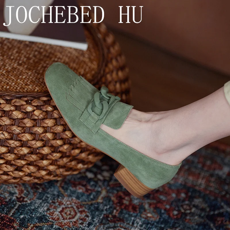 

【JOCHEBED HU】Women Genuine Leather Low Heel Loafers Square Toe Sheep Suede Chain Loafers Slip on Footwear Ladies Cozy Casual
