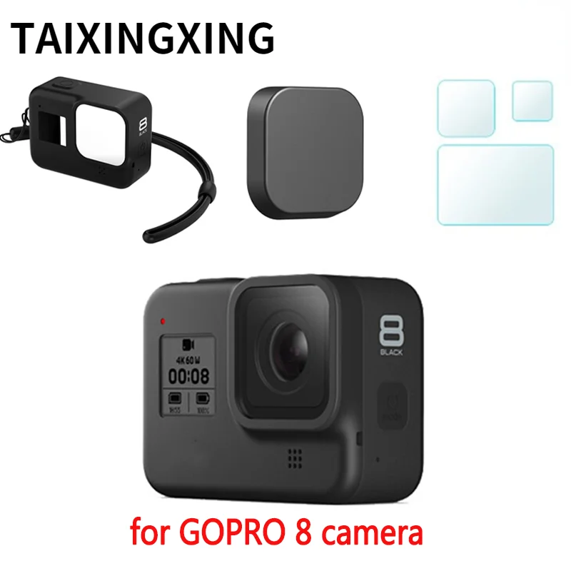 

Protective Silicone Case for GoPro Hero 8 Black Tempered Glass Screen Protector Film Lens Cap Cover for Go Pro 8 Accessory
