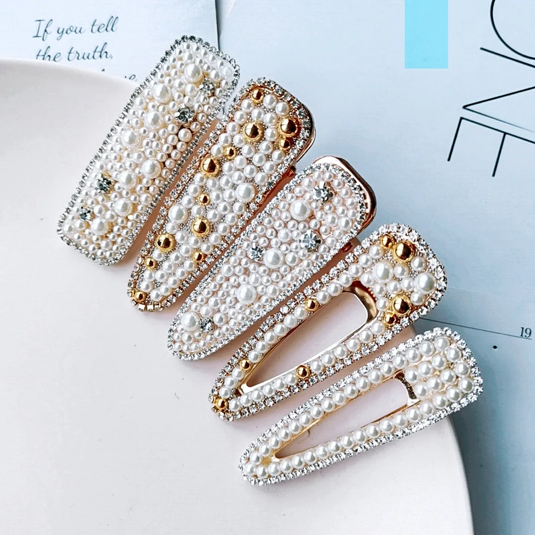 

8cm Women Pearl Rhinestone Hair Clips For Girls Duckbill clip Geometric Hairpins Hair Accessories Adult Headwear Hair Barrettes