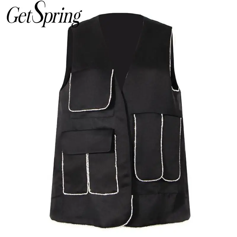 Женский винтажный жилет GETSPRING черный повседневный с v-образным вырезом и стразами