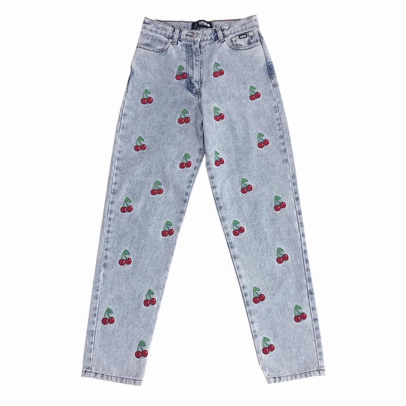 

Cherry Print High Waisted Jeans Women Casual Blue Washed Straight Pants Vintage Streetwear Pantalones De Mujer Cintura Alta