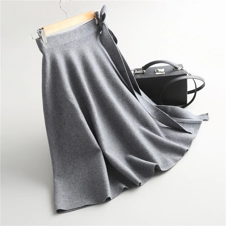 Однотонная Осенняя женская короткая вязаная юбка с поясом элегантная подходящая