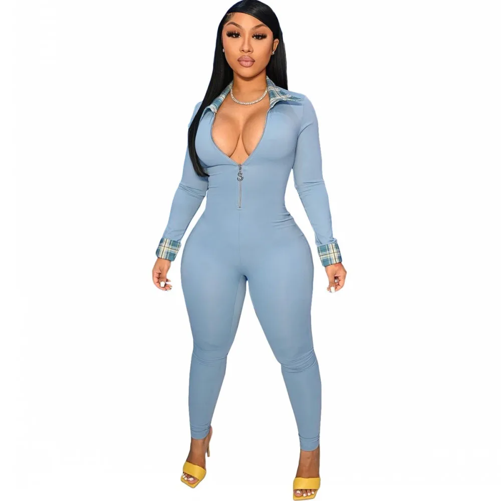 

Sexy Long-Sleeved Jumpsuit Fashion Casual African Women's 2021 Winter New Checkered Zipper Lapel Slim Elegant Ladies Clothes 2XL