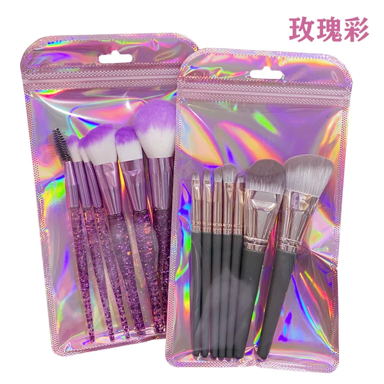 

50PCS Laser Pink Window Show Zipper Packet Necklace Packaging Bag Plastic Front Clear Rainbow Jewelry Long Shiny Ziplock Pouch
