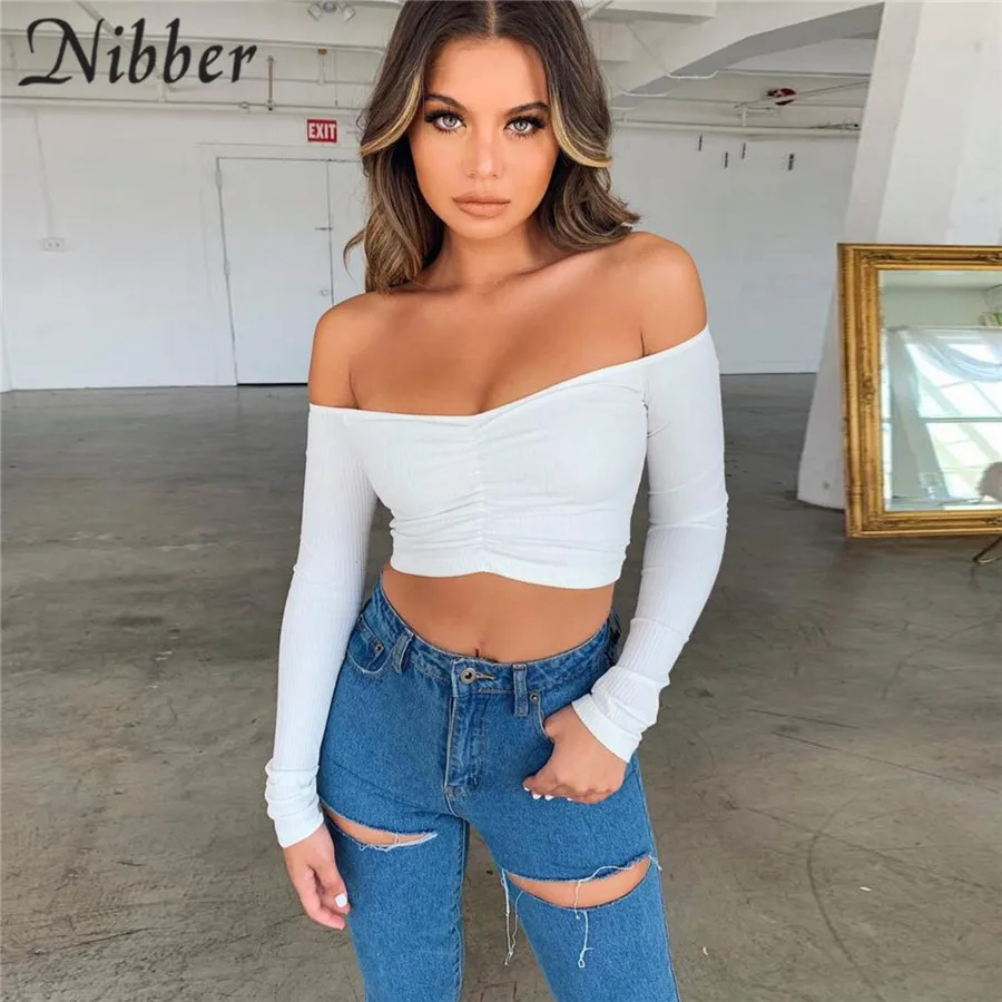 Nibber элегантные топы с открытыми плечами для женщин осень черный красный стрейч тонкая футболка Топ Модные вечерние повседневные футболки mujer