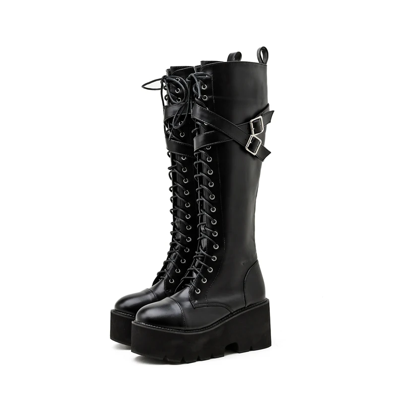 

Женские высокие сапоги, сапоги на платформе и высоком каблуке, женские высокие сапоги на шнуровке, сапоги до колена в стиле панк, женская обу...