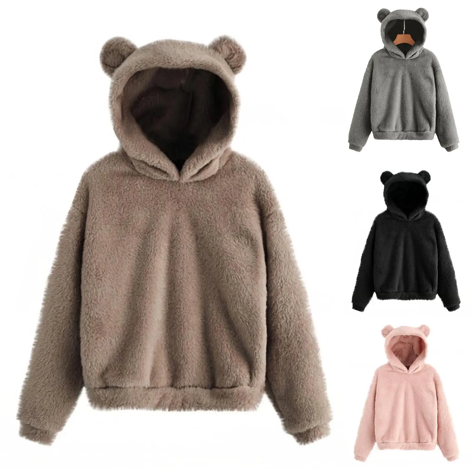 

2020 Cute Girls Sweater Coat Autumn Winter Women Long Sleeve Rabbit Ear Hood Sweatshirt Plush Warm Hoodie