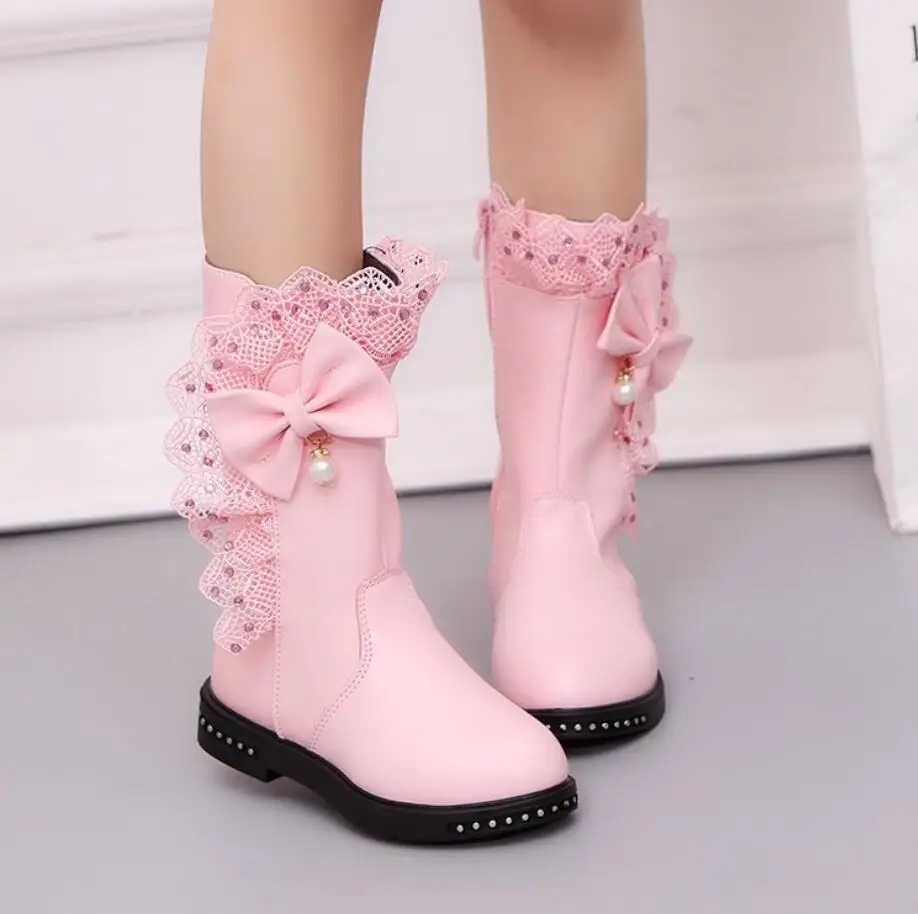

Children'S Winter Boots for Girls Rhinestone Flower Fashion Plush Long Boots Princess Flats Dress Shoes Snow Martin Boots