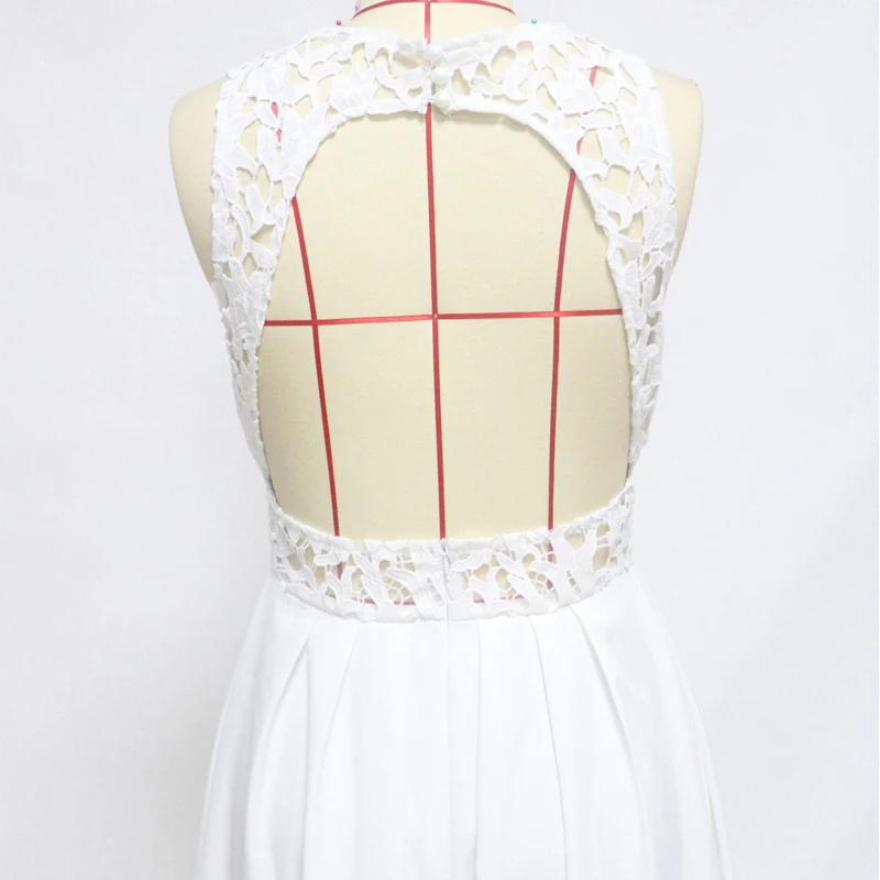 

Women Retro White Dress Sexy V Neck Sleeveless Mid Length Dresses Ladies Elegant Lace Splcing Slim Party Dress