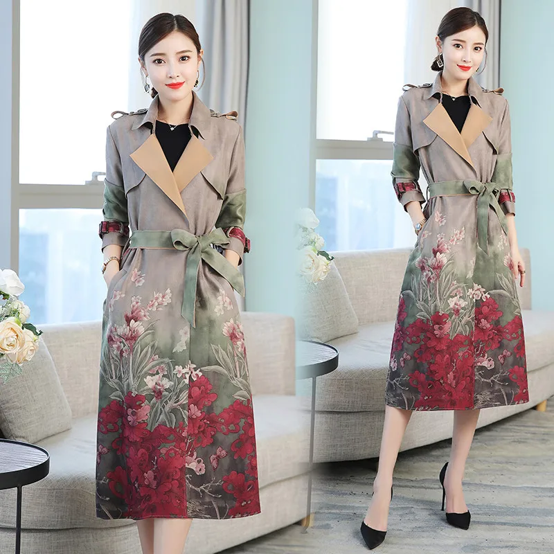 Тренчкот женский длинный замшевый с принтом Модная приталенная ветровка осень