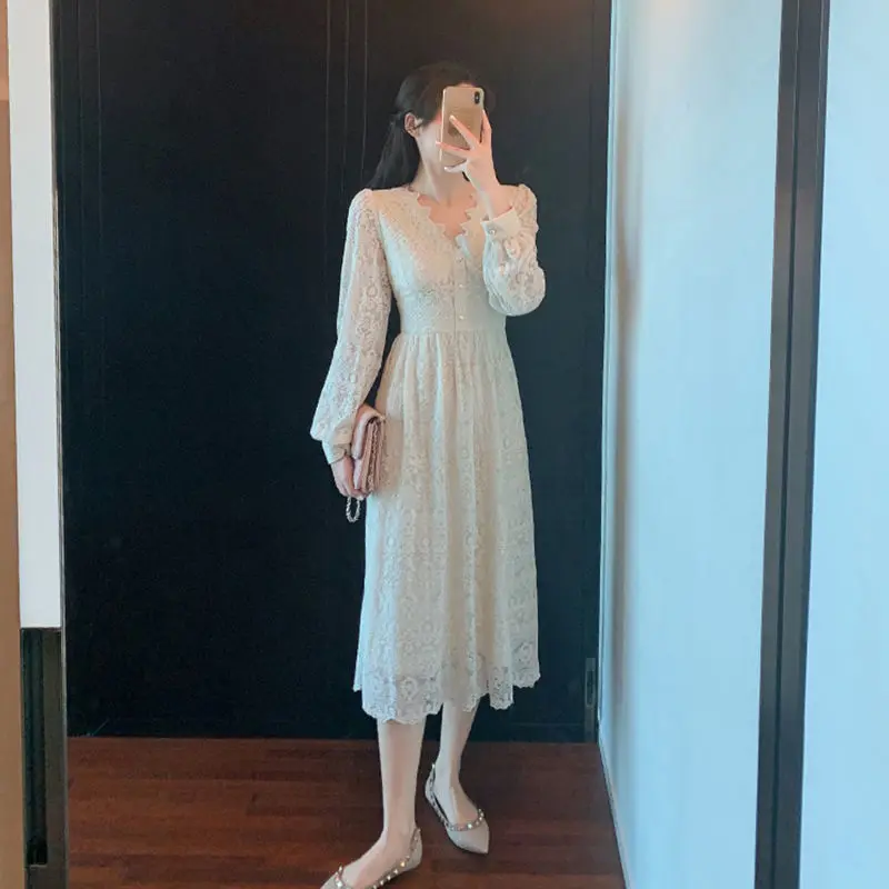 

Solid Elegant Fairy Dress Women French Lace Designer Midi Dress Female Office Lady Japanese Style Korean Party Dress Women 2021