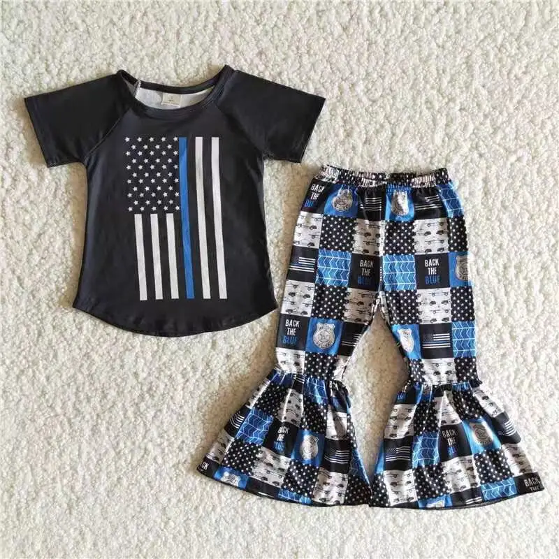 

2021 flag shirt match bell bottom pants kids girl clothes kids clothing sets