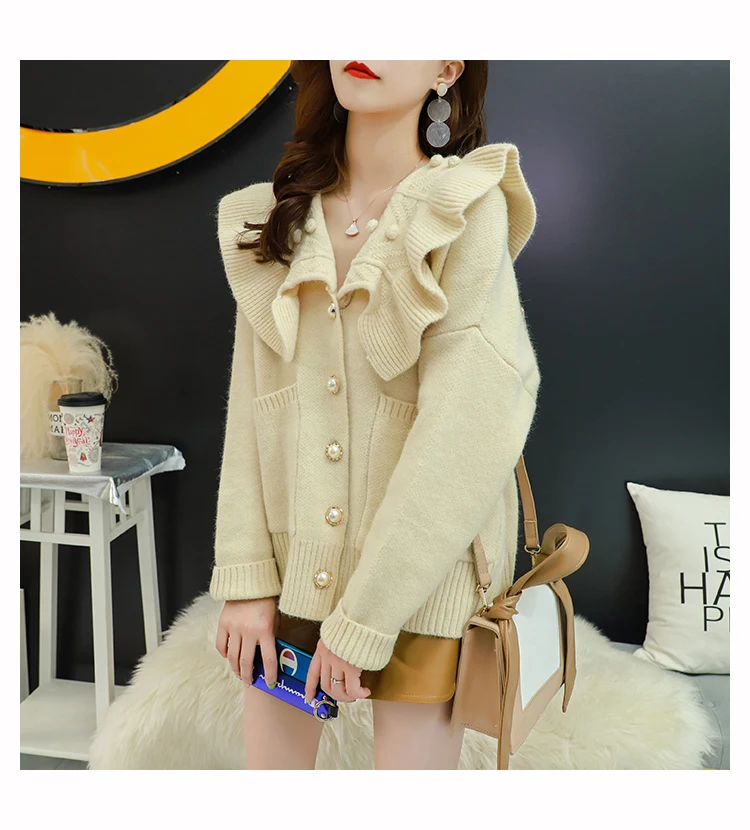 H.SA Women Winter Oversized Sweater Cardigans Big Collar Ruffles Loose Jumpers Green Beige Cardigans Feminino Button Up