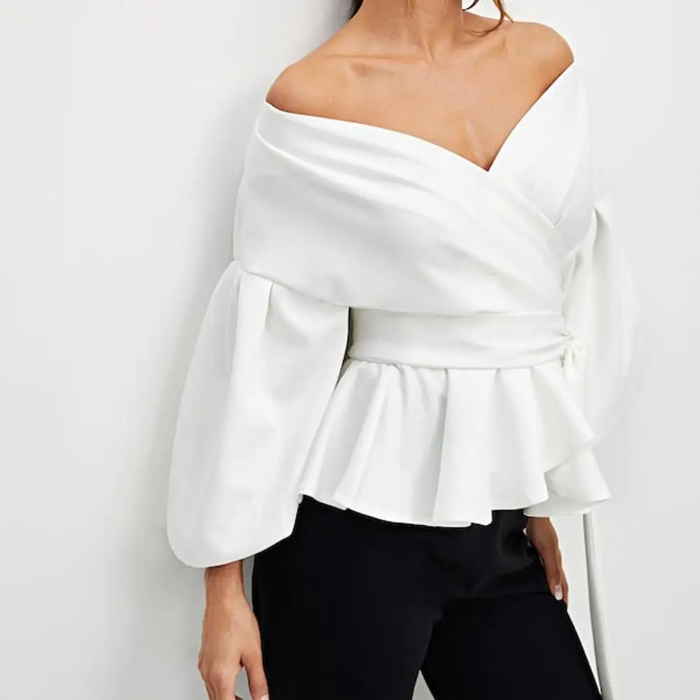NoEnName_Null белая Офисная Женская Элегантная блузка с рукавами-фонариками и баской