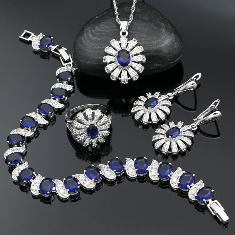 

925 Silver Jewelry Sets For Women Party Accessories Blue Cubic Zirconia Fashion Earrings/Pendant/Necklace/Ring/Bracelet