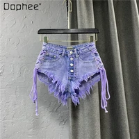 summer 2022 new purple low waist single breasted a line denim shorts lace up hot pants