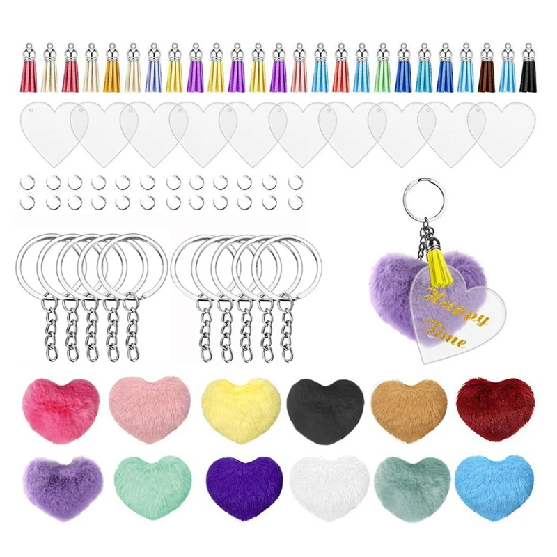 

Keychain Blanks Acrylic Ornament Lazy Rabbit Heart-shaped Plush Ball with Tassel Heart-shaped Keychain Diy Key Chain Jewelry Set
