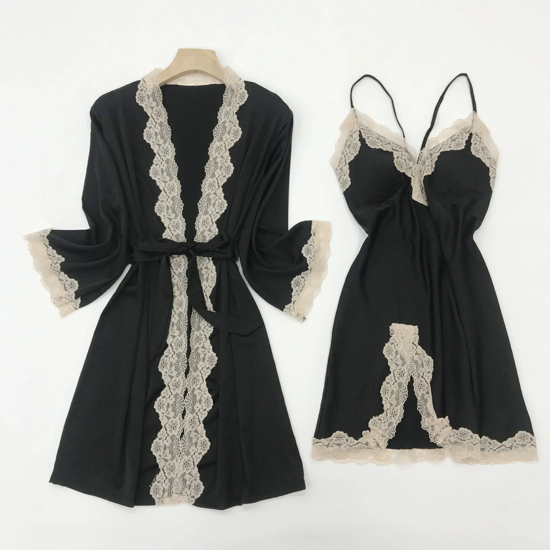 

Women V-Neck 2PCS Sleepwear Satin Lace Patchwork Robe Suit Summer Kimono Gown Femme Strap Nightgown With Pads Casual Sleep Set
