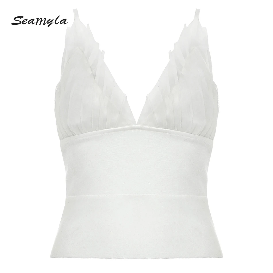 Seamyla 2021 New Summer Women White V Neck Sleeveless Solid Skinny Bodycon Bandage Camis High Quality Sexy Elegant Evening Clubs