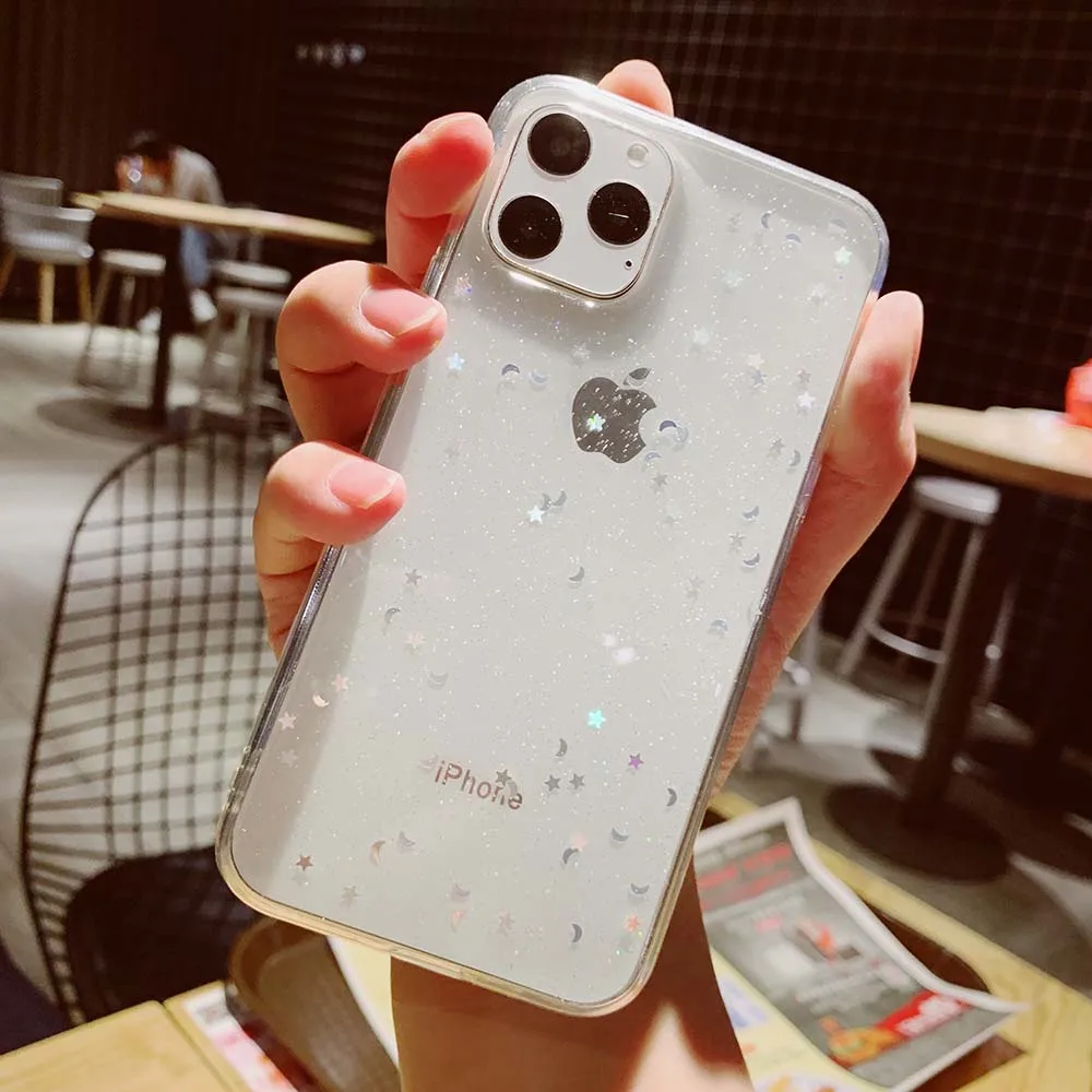 Блестящий чехол LOVECOM со звездами и Луной для iPhone 12 Mini 11 XS Pro Max XR X 6 6S 7 8 Plus прозрачный