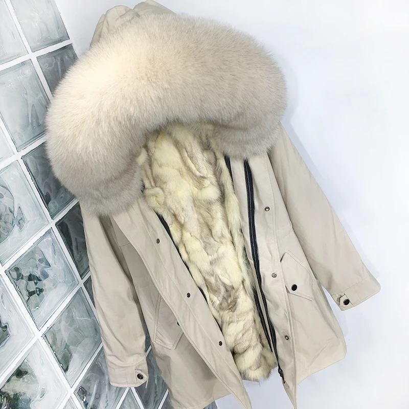 Plus Size Real Fur Coat Waterproof Parka Mujer Winter Jacket Women Natural Fox Fur Collar Liner Hood Thick Warm Outerwear Hat - Color: MiddleLongBeigeYello
