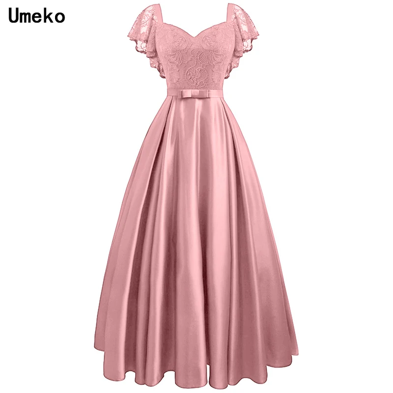 Платье Maxi для вечеринок 2020 года новой моды для женщин с кружевными вставками на коротких рукавах, высокой талией, А-образного кроя с длинным бантом и плюс размером.