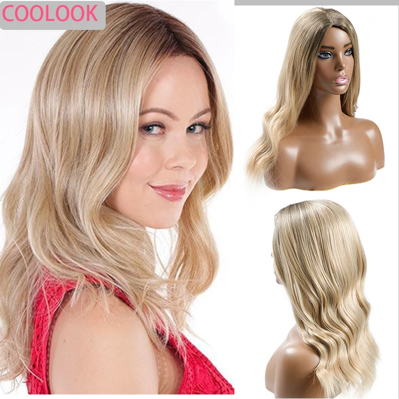 

Honey Blonde Wavy Wigs for Women 18 Inch Ombre Blonde Body Wave Wigs Middle Part Natural Synthetic Water Wave Wig Peruca Cosplay