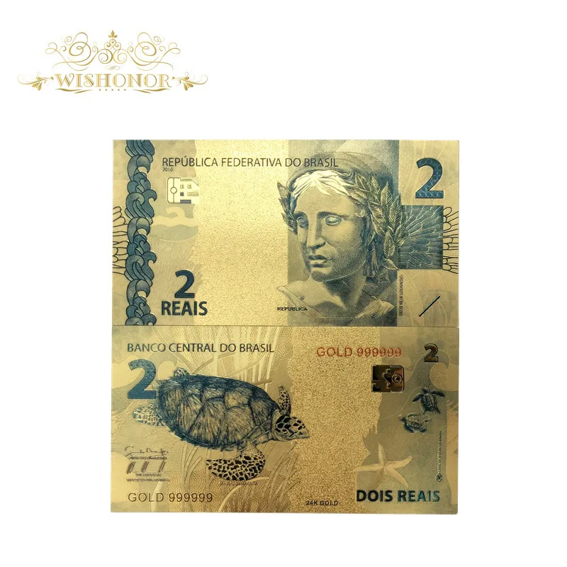 

Nice Products 10pcs/lot Color Brazil Gold Banknotes 2 Reals Banknote in 24K Gold Plated Paper Money For Collection
