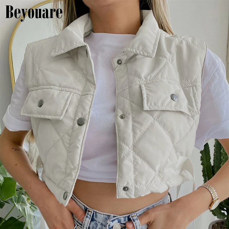 

Beyouare Autumn Sleeveless Women's Tank Jacket Cropped Tops Button Turndown Collar Pocket Thin Coat Solid Chic Casual Streetwear