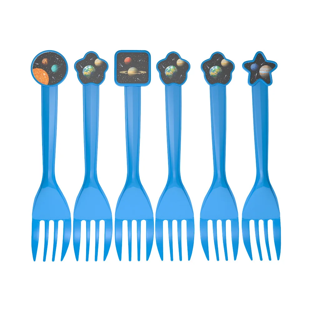 fork 6 pcs Милые вечерние столовые приборы с космическим пространством, салфетки с флагом и воздушным шаром для космонавта, праздничные принадлежности для дня рождения, декорации с планетами - Цвет: fork 6 pcs