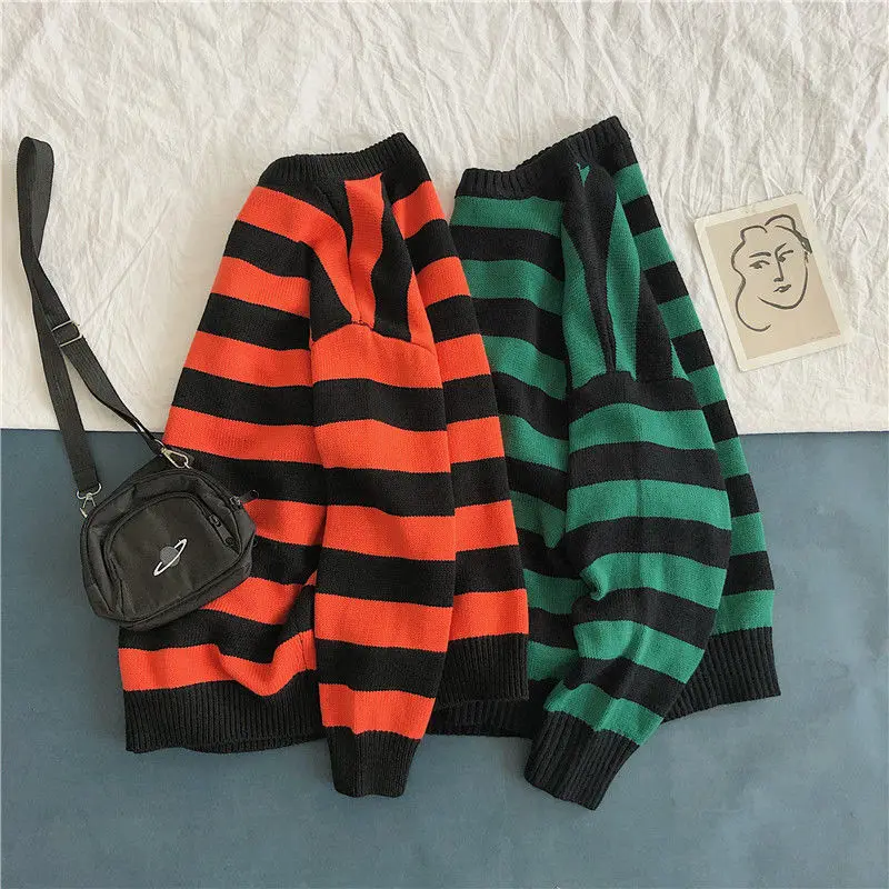 

Fashion Green And Black Stripe Knitted Sweater Men And Women's Autumn Winter Round Neck Casual Trend Pullover Clothing