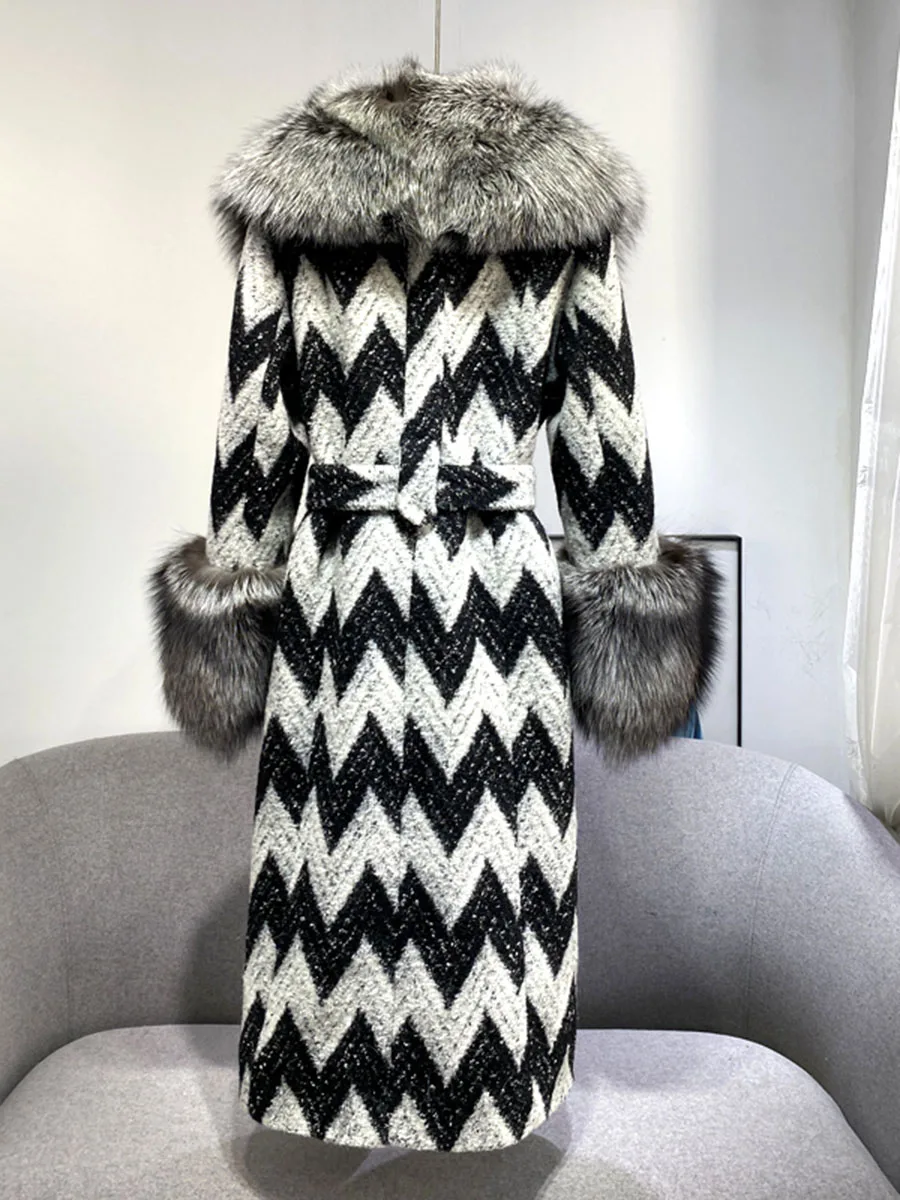 TOP Quality 2021 winter new Fashion female Trend Luxurious Red silver Fox fur parka Women's Large real fur Long Tweed wool coat