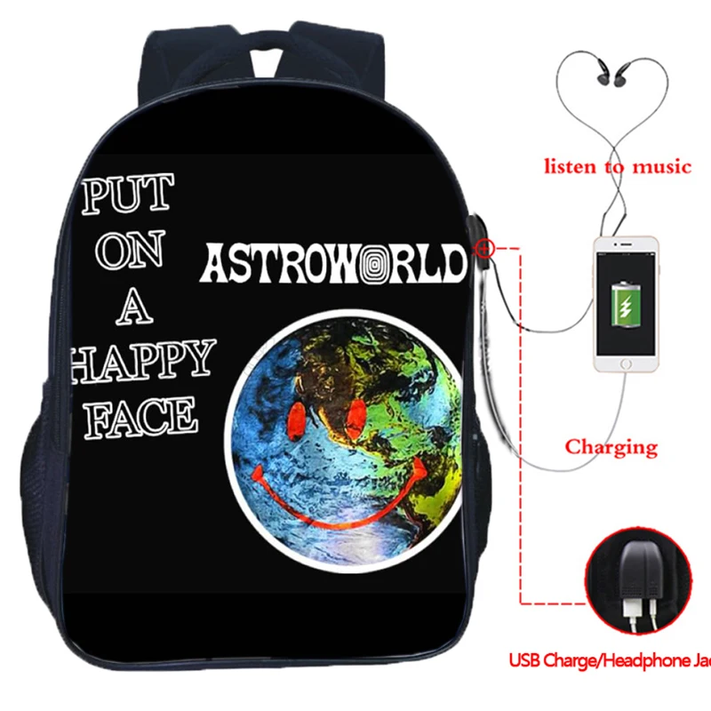 Мужской рюкзак с USB принтом Travis Scotts ASTROWORLD школьный зарядкой для