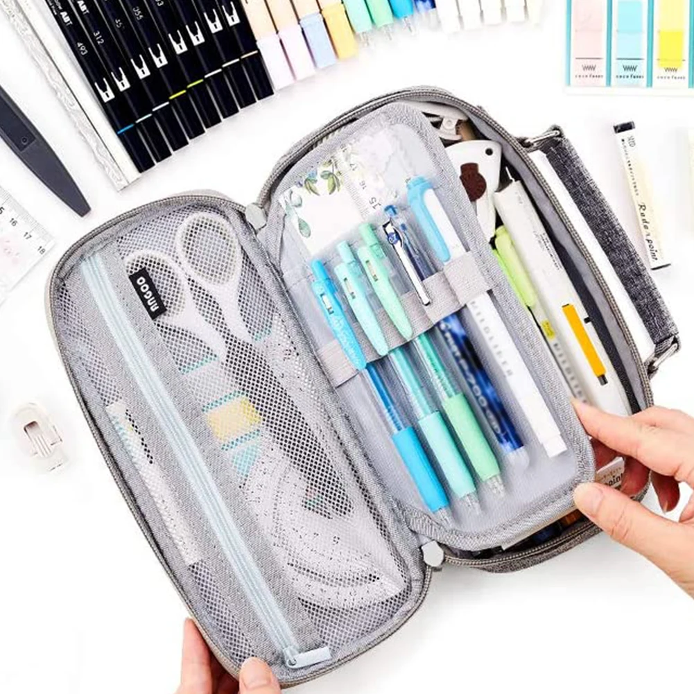

Pencil Case Big Capacity Canvas Portable Pen Pouch Multiple Compartment Double Zipper Cosmetic School Office Organizer