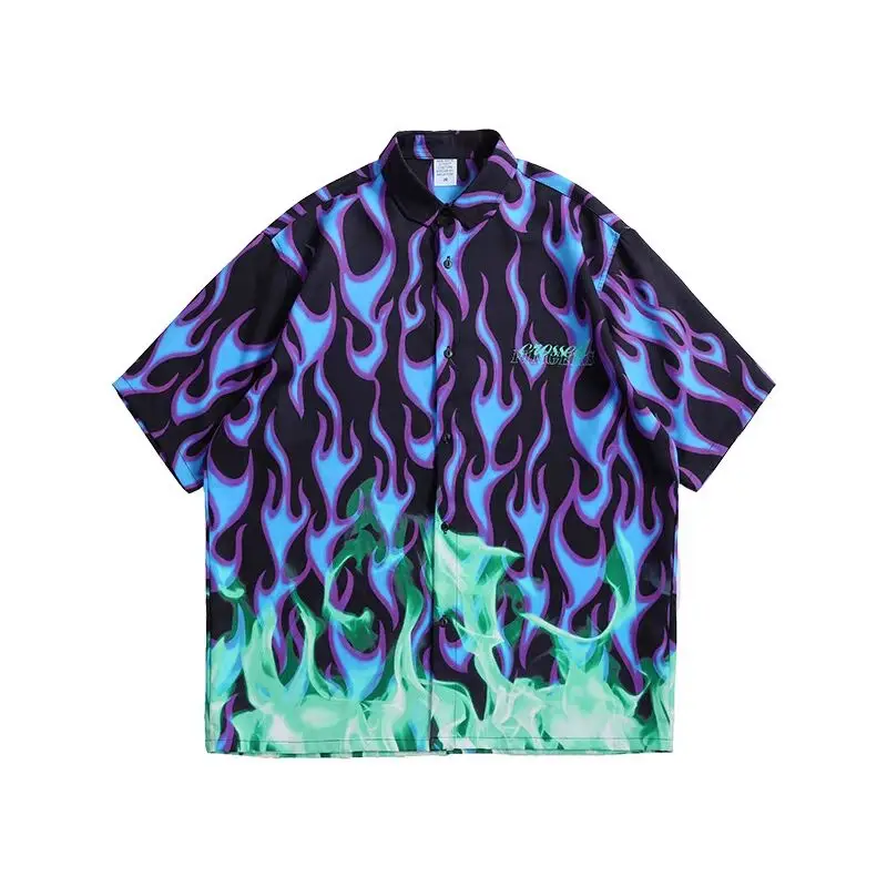 

European and American trends Personalized flame printing Men's oversize shirt