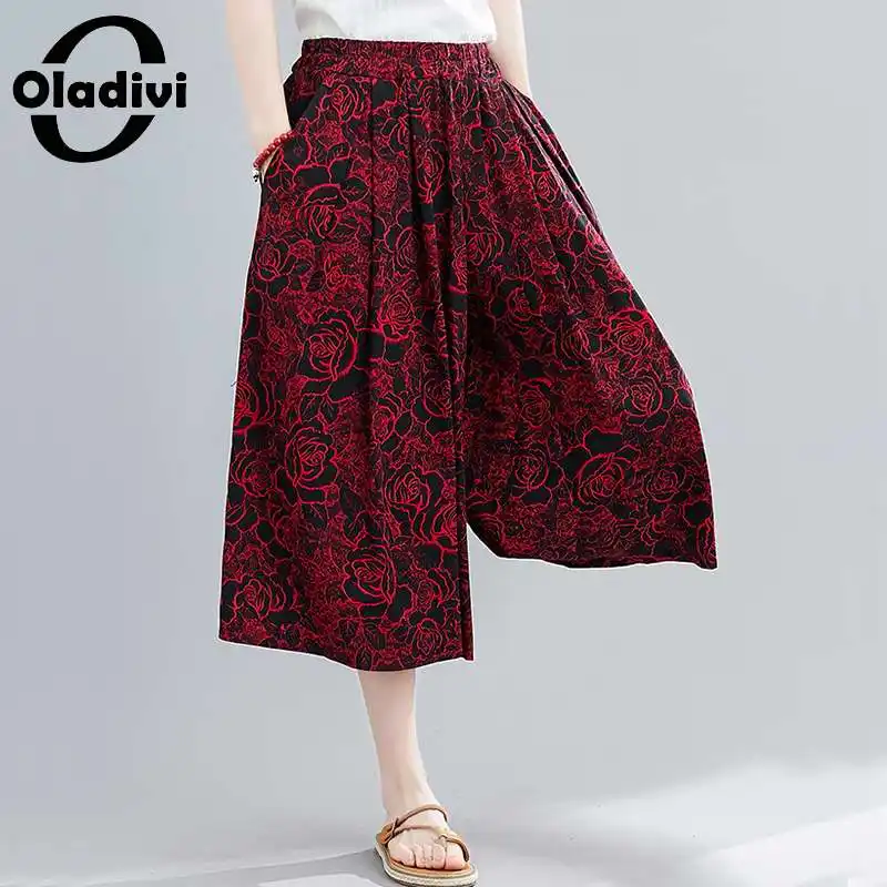 

Женские свободные брюки Oladivi с широкими штанинами, из хлопка и льна с принтом, большие размеры d, летние брюки-Капри больших размеров 4XL, 5XL, 2021