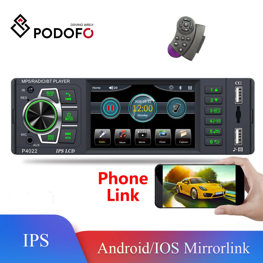 

Podofo 3,8 ''IPS автомобильное радио 1Din FM Bluetooth аудио стерео с рулевым колесом управление Умный для универсального эквалайзера