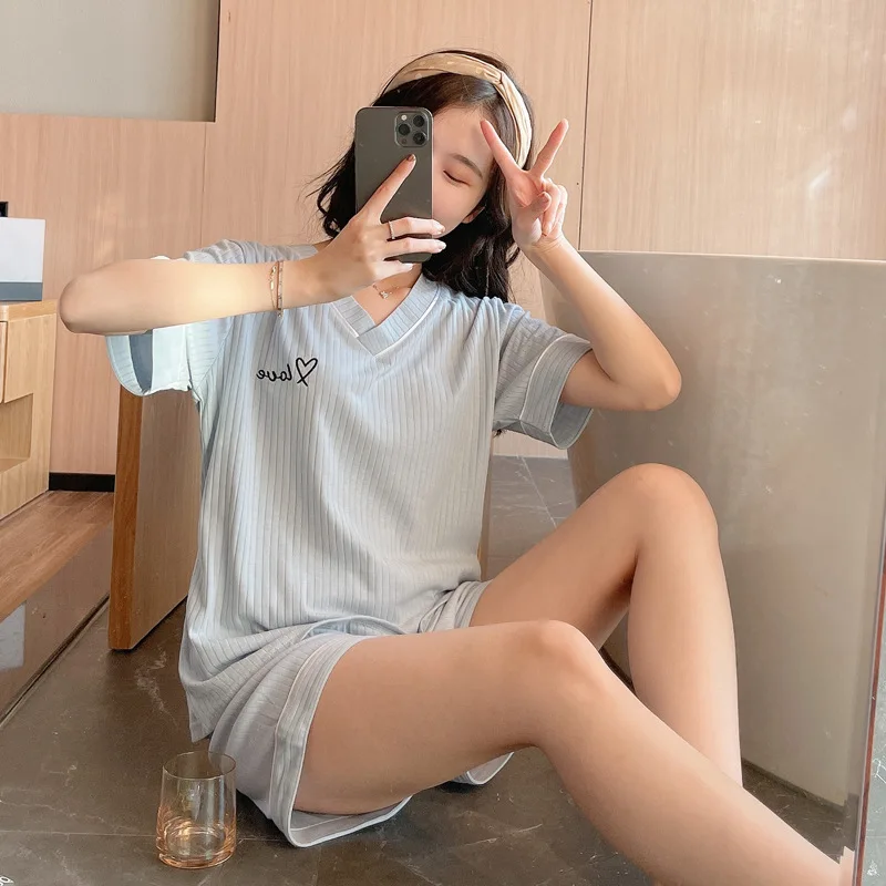 2021 Summer Women's Pajamas Short Sleeve V-neck Cotton Nightwear Pure Color Letter Shorts Sweet Lovely Home Suit Thin Sleepwear