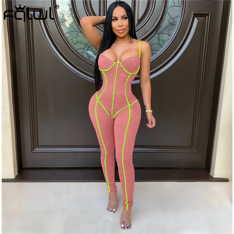 Женский неоновый комбинезон в полоску FQLWL розовый облегающий цельный с открытой