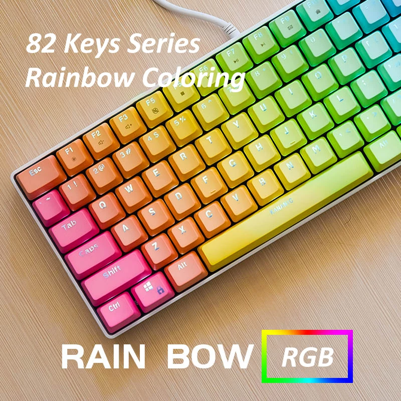 Rainbow With White Backlit Mechanical Gaming Keyboard 82 Keys PBT Computer Gamer USB Cable with Blue Plug&Pull Switch