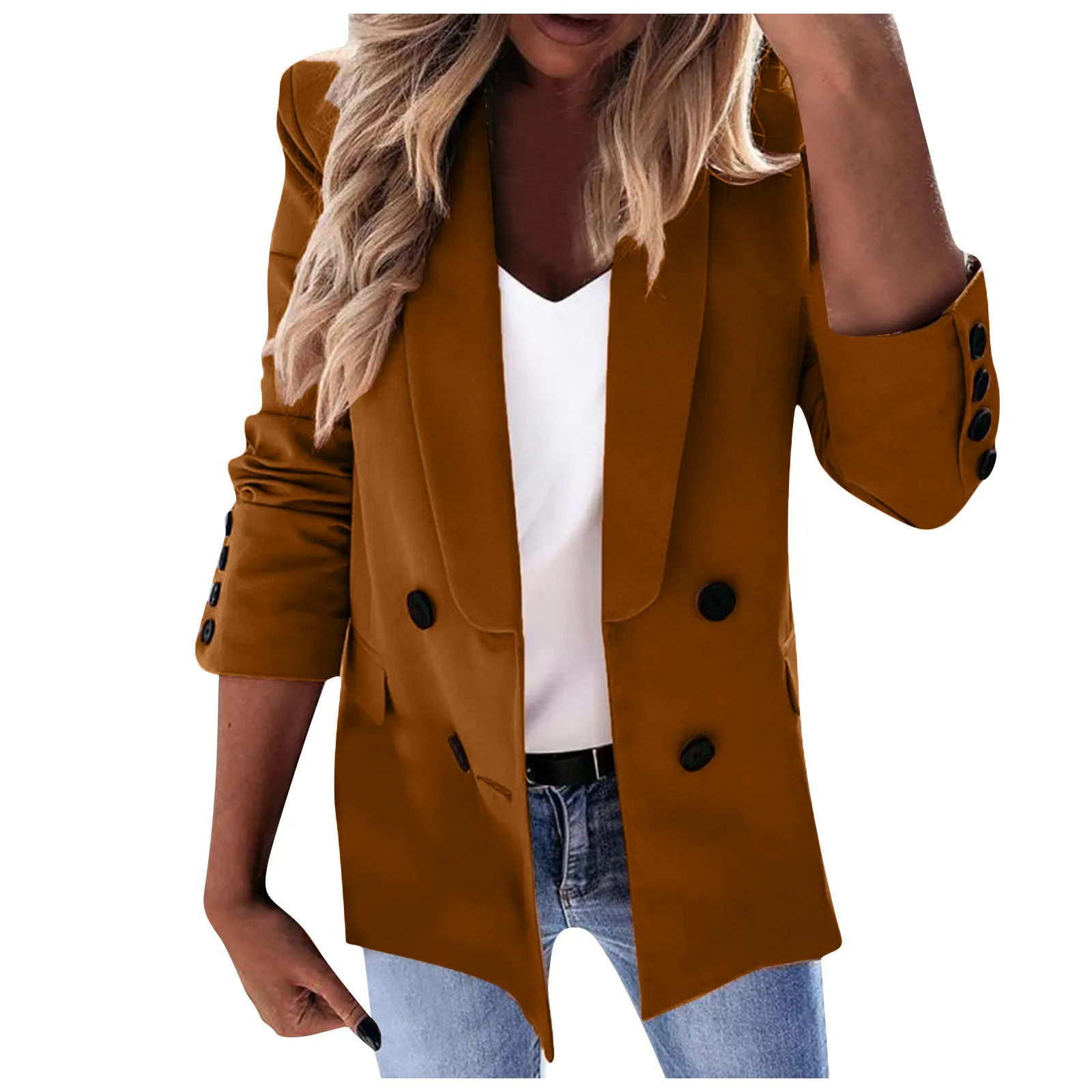 

Fashion Office Lady Tailored Coat Double Button Long Sleeve Suit Jackets With Pockets Elegant Solid Color Women Blazers jaqueta
