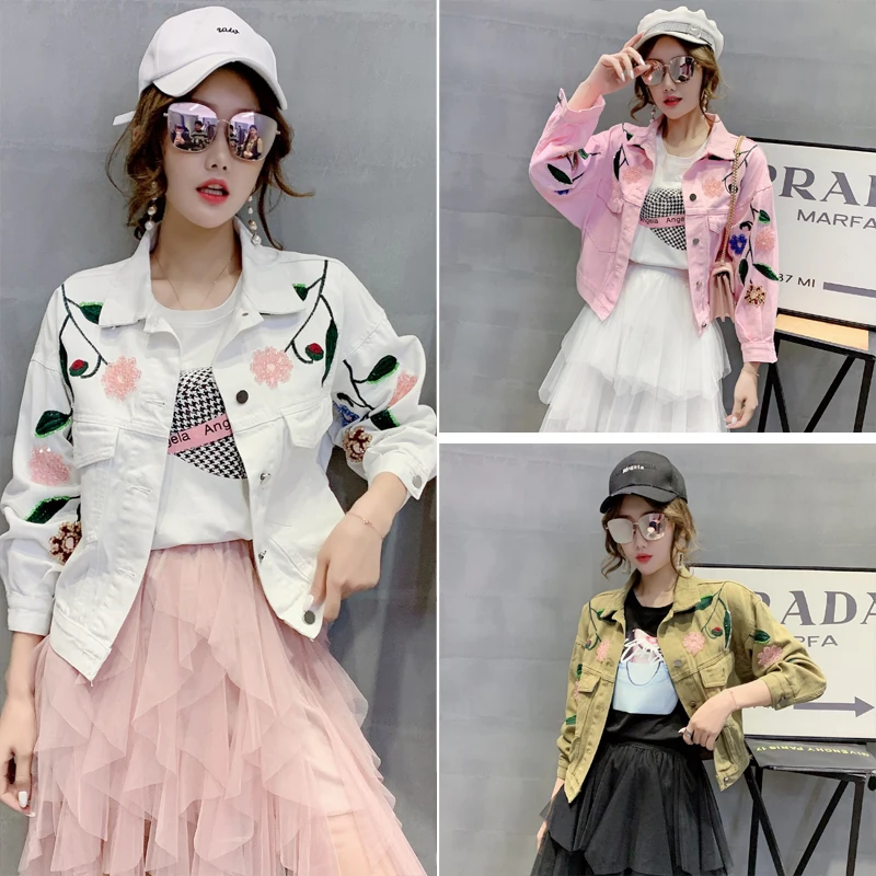 

Джинсовая куртка для мужчин и женщин, свободная куртка из джинсовой ткани с цветочной вышивкой, весна-осень 2021