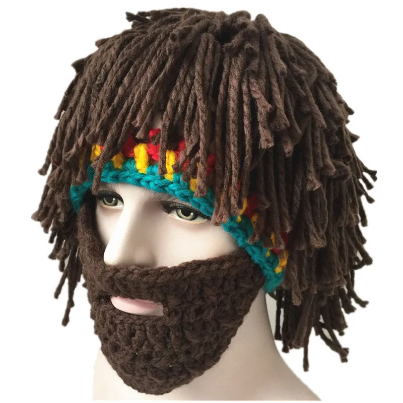 

2019 Novelty Winter Handmade Wig Beard Hats Crochet Mustache Knit Halloween Funny Party Caps Unisex Wool Tassel Ski Mask Hat