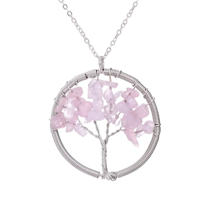 Rose crystal pendant Qilmily 7 Чакра Древо жизни хрустальные ожерелья с подвеской из натурального камня для женщин и мужчин Бусы кварцевые Ювелирные изделия Подарки сувениры свадебные - Окраска металла: Rose crystal pendant