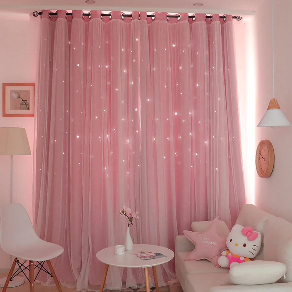 

Hollow Star Thermal Insulated Blackout Curtains for Living Room Bedroom Window Curtain Blinds Stitched with white Voile