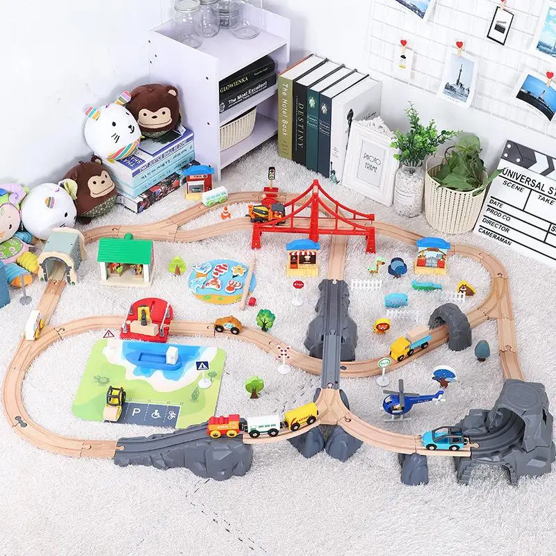 

Деревянный поезд, трек, железная дорога, набор, детские игрушки, деревянная головоломка, слот для туннеля, железнодорожный транзит, Электрич...
